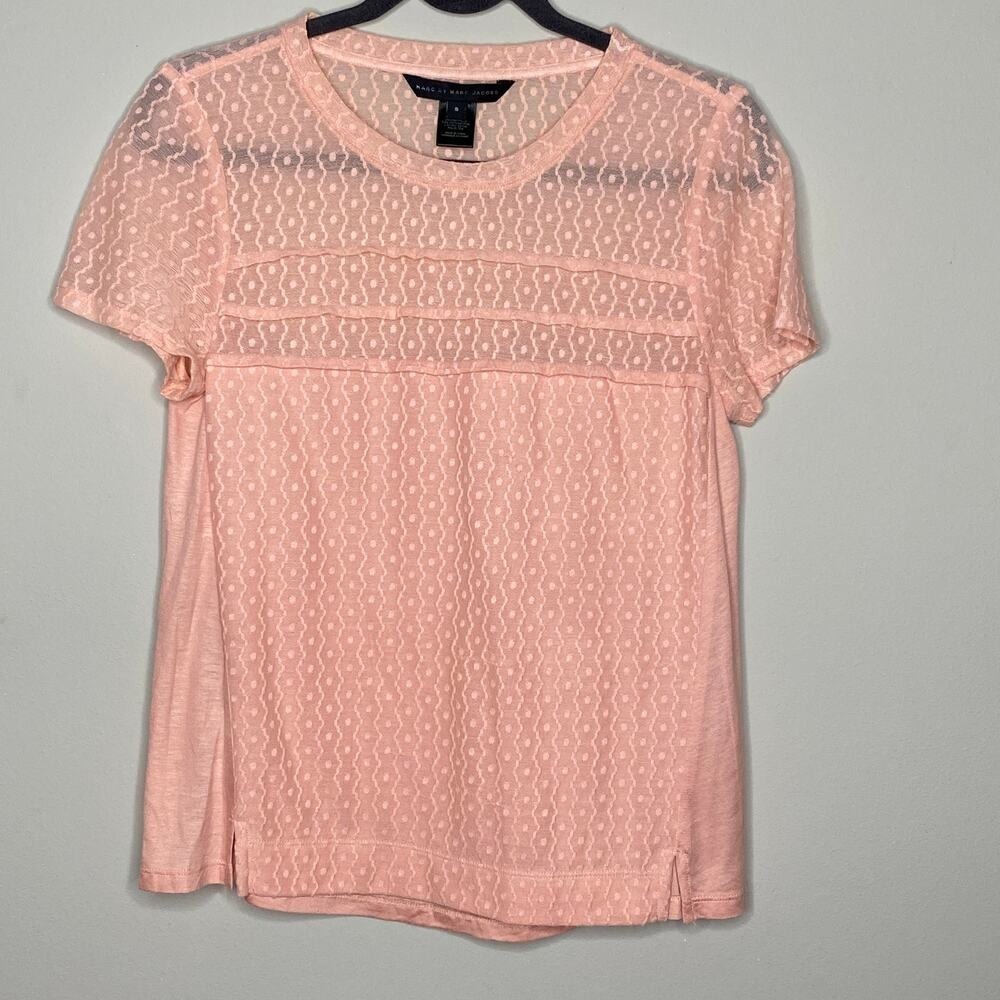 Marc by Marc‎ Jacobs Lace Overlay Top Womens Small Peach Short Sleeve Pintuck